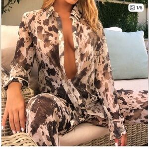 PrettyLittleThing Brown and Cream Cow Print Shirt